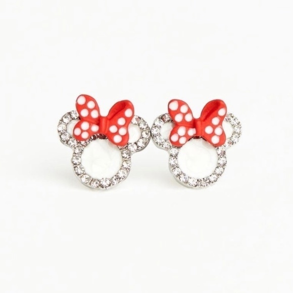 Sterling Silver Minnie Mouse Rhinestone Stud Earrings Disney Ears Red Bow - Picture 1 of 3